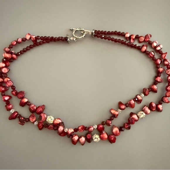 Vintage Cranberry Glass Sterling Silver Toggle Clasp Necklace - Picture 3 of 4